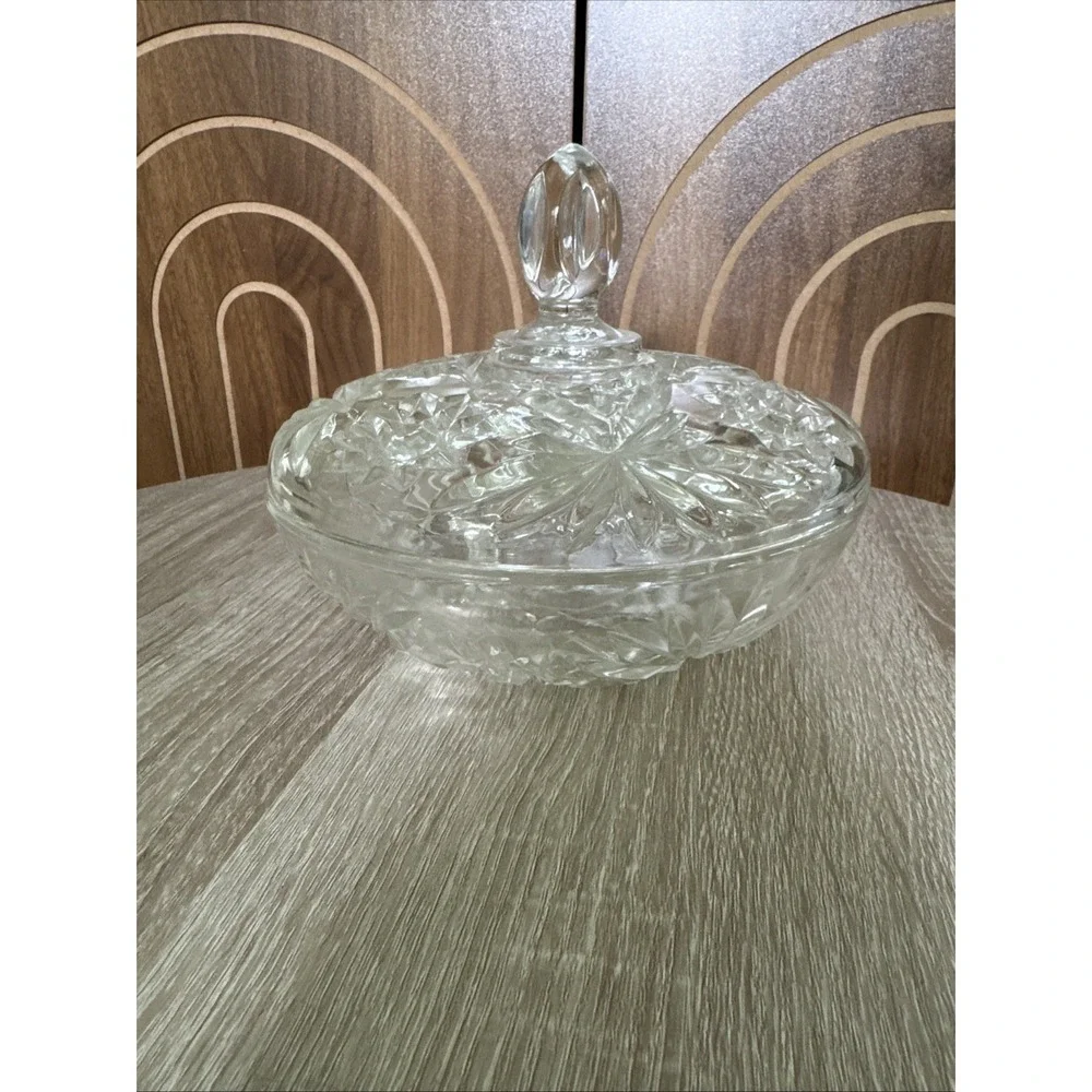 VINTAGE ANCHOR HOCKING 1960'S LIDDED GLASS CANDY DISH BOWL WITH HEAVY CUTS